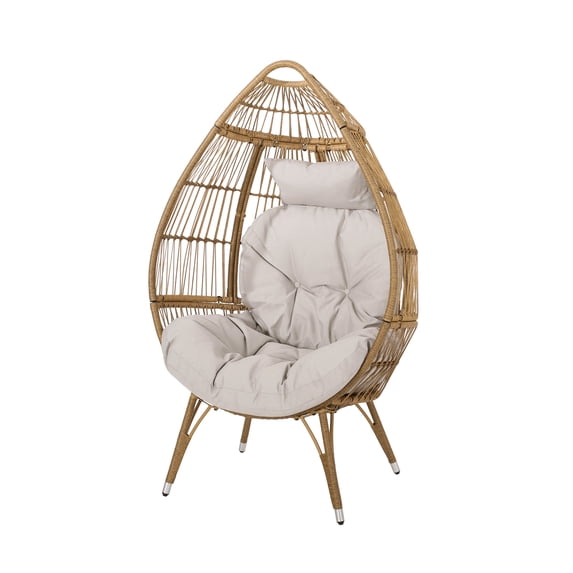 GDF Studio Kabella Outdoor Wicker Teardrop Chair with Cushion, Beige and Light Brown