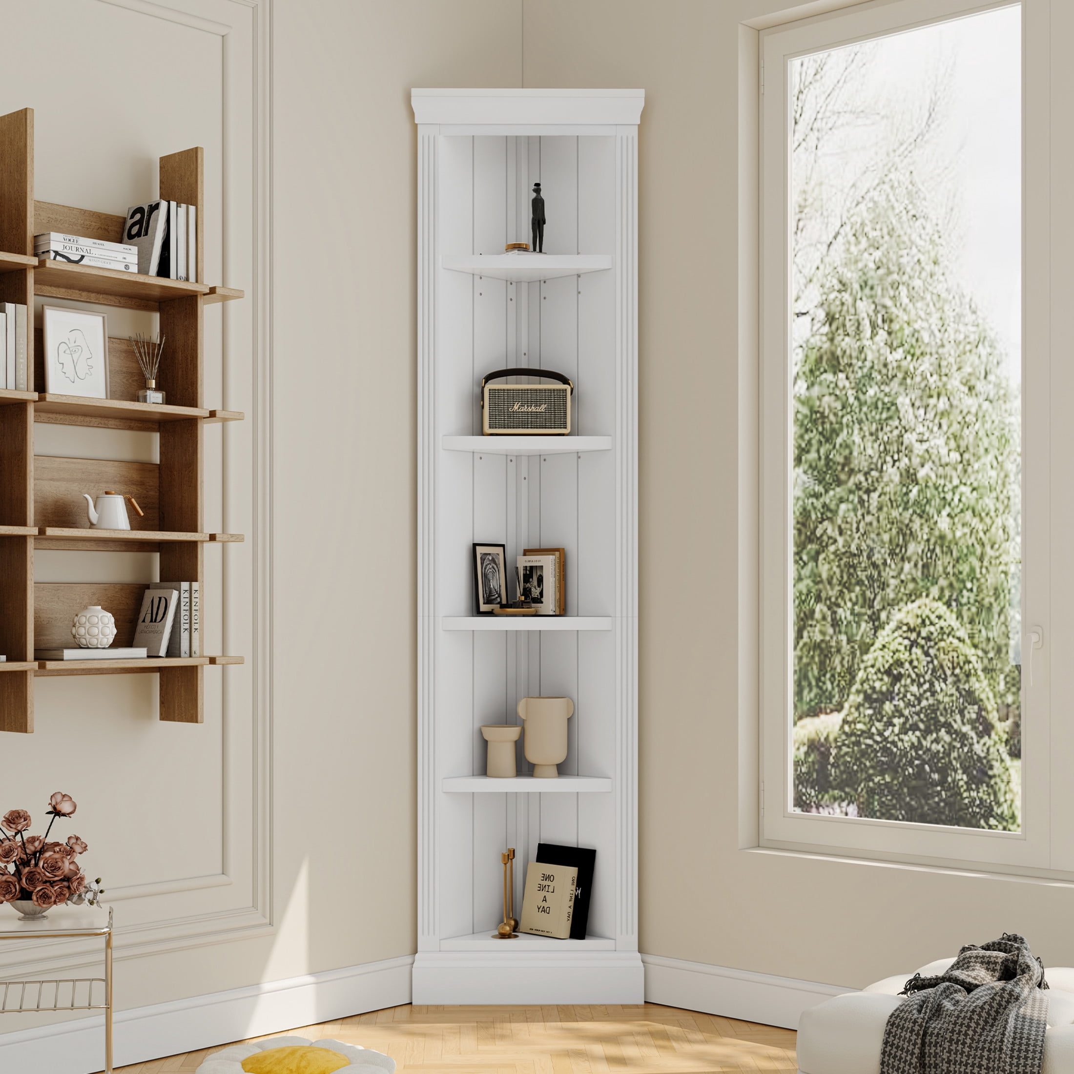 GDF Studio Kassi 83.4" 5-Tier Modern Corner Shelf & Bookcase with Adjustable Shelves, Open Plant Display Stand, White