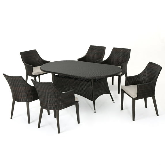 GDF Studio Kaur Outdoor Wicker 7 Piece Dining Set with Cushions, Multibrown and Light Brown