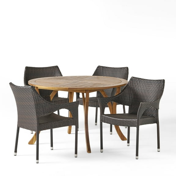 GDF Studio Kaysn Outdoor Acacia Wood and Wicker 5 Piece Dining Set, Multibrown and Teak