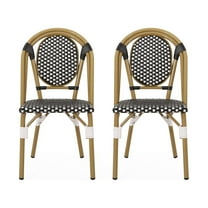 GDF Studio Kazaria Outdoor French Wicker Bistro Chairs, Set of 2, Black, White, and Bamboo Finish