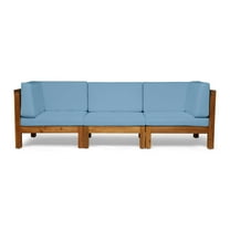 GDF Studio Keith Outdoor Acacia Wood 3 Seater Sofa with Cushions, Teak and Blue
