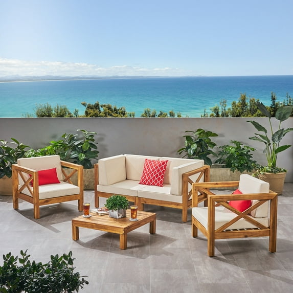 GDF Studio Keith Outdoor Acacia Wood 4 Seater Loveseat Chat Set, Teak and Beige