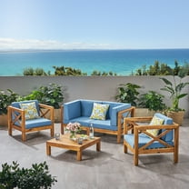 GDF Studio Keith Outdoor Acacia Wood 4 Seater Loveseat Chat Set, Teak and Blue