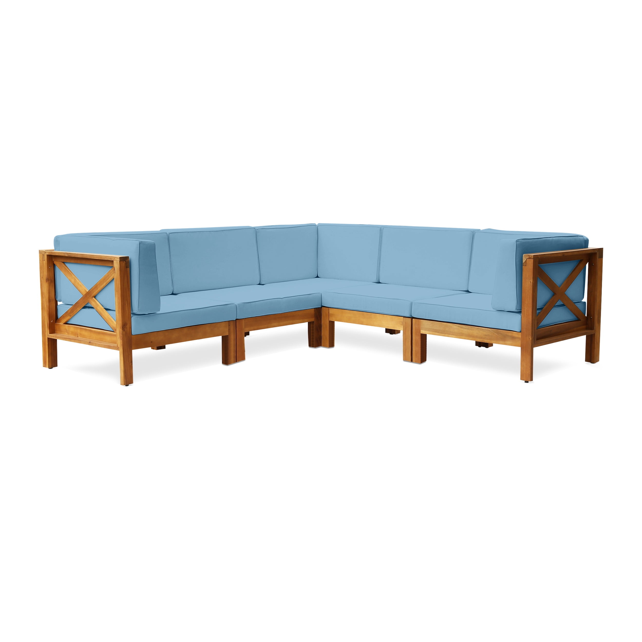 Teak Brown 5-Seater Acacia Wood Outdoor Sectional Sofa with Blue Cushions