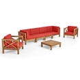 thumbnail image 1 of GDF Studio Keith Outdoor Acacia Wood 6 Seater Sofa Chat Set with Cushions, Teak and Red, 1 of 12