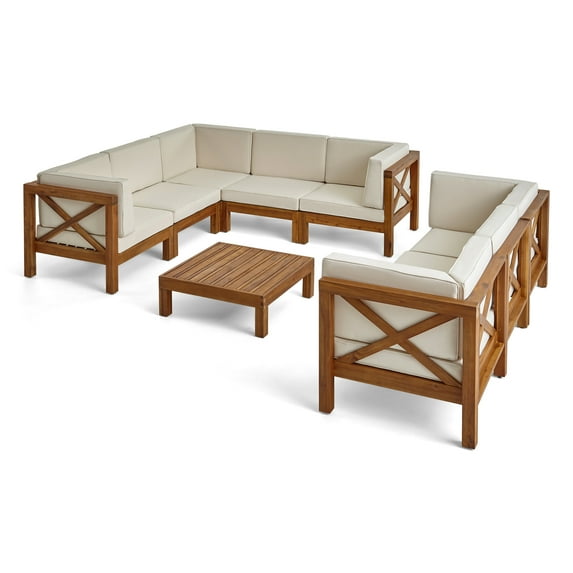 GDF Studio Keith Outdoor Acacia Wood 8 Seater Sectional Sofa Chat Set with Cushions, Teak and Beige