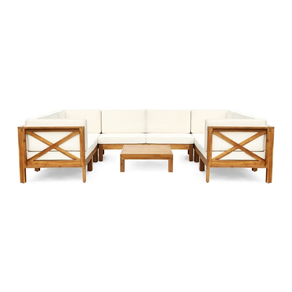 GDF Studio Keith Outdoor Acacia Wood 8 Seater Sectional Sofa Chat Set with Cushions, Teak and Beige