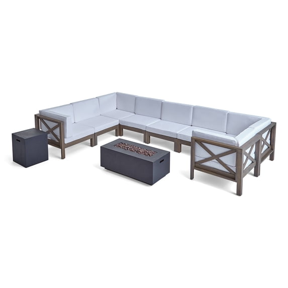 GDF Studio Keith Outdoor Acacia Wood 8 Seater Sectional Sofa Set with Fire Pit, Gray, White, and Dark Gray