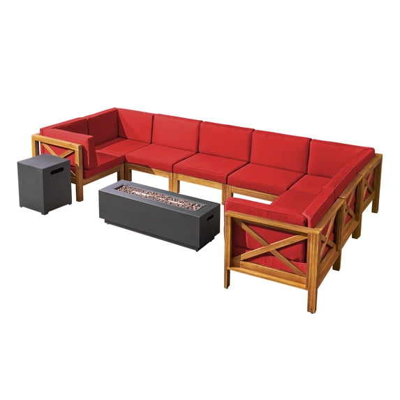 GDF Studio Keith Outdoor Acacia Wood 8 Seater Sectional Sofa Set with Fire Pit, Red