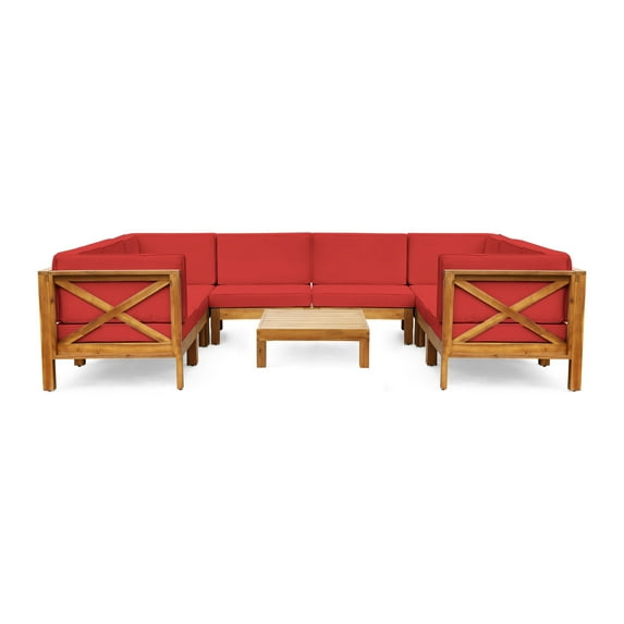 GDF Studio Keith Outdoor Acacia Wood 8-SeaterSectional Sofa Set with Coffee Table, Brown