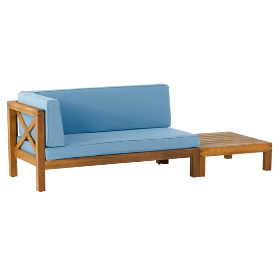GDF Studio Keith Outdoor Acacia Wood Left Arm Loveseat and Coffee Table Set with Cushion, Teak and Blue