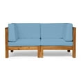 thumbnail image 1 of GDF Studio Keith Outdoor Acacia Wood Loveseat with Cushions, Teak and Blue, 1 of 5