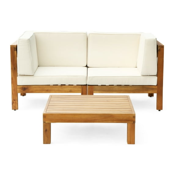 GDF Studio Keith Outdoor Modular Acacia Wood Loveseat and Coffee Table Set with Cushions, Beige