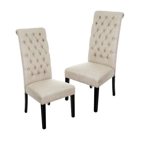 GDF Studio Kenan Contemporary Tufted High Back Dining Chairs, Set of 2, Dark Beige Fabric and Dark Brown