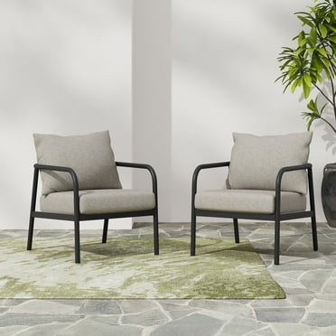 GDF Studio Kenia Outdoor Club Chairs with Cushions, Aluminum, Beige Black, Set of 2