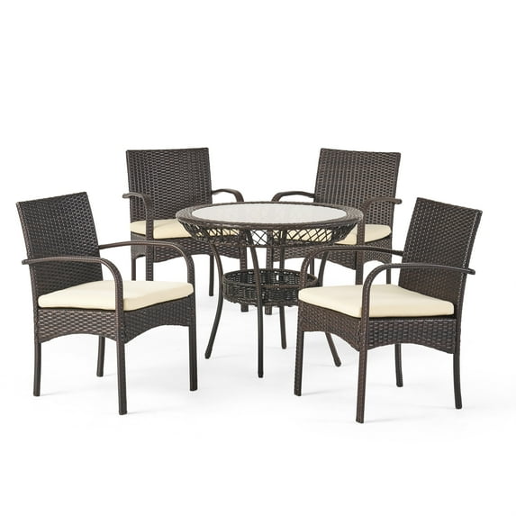 GDF Studio Kija Outdoor Wicker and Glass 5 Piece Dining Set with Cushion, Multibrown and Cream