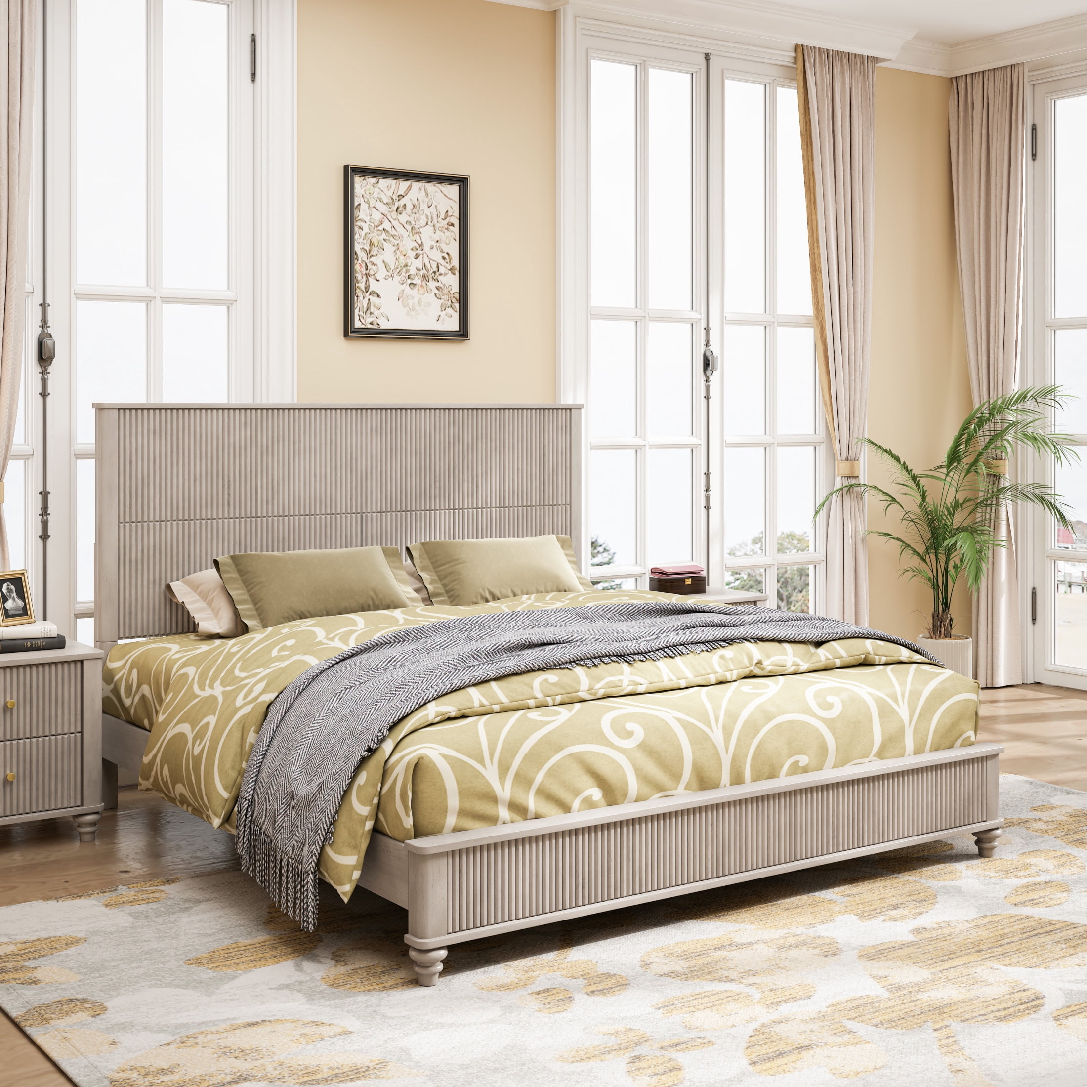 GDF Studio King Size Solid Wood Platform Bed with Tall Headboard, No Box Spring Needed, Beige