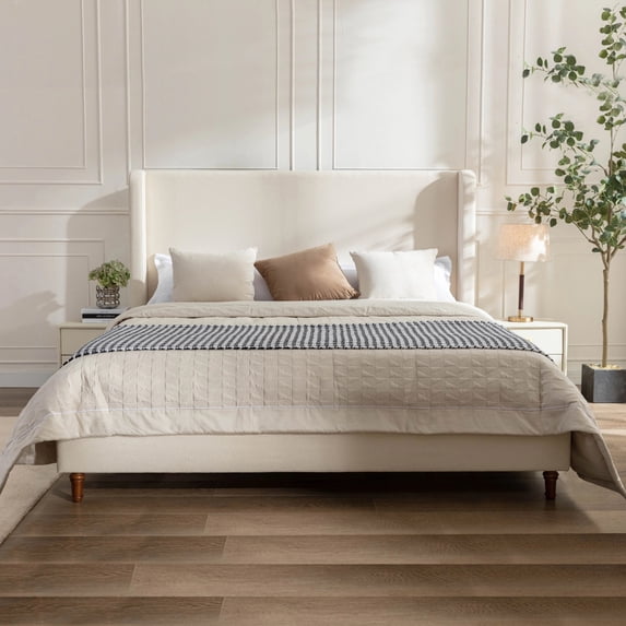 GDF Studio King Size Boucle Upholstered Bed Frame and Headboard, Ivory
