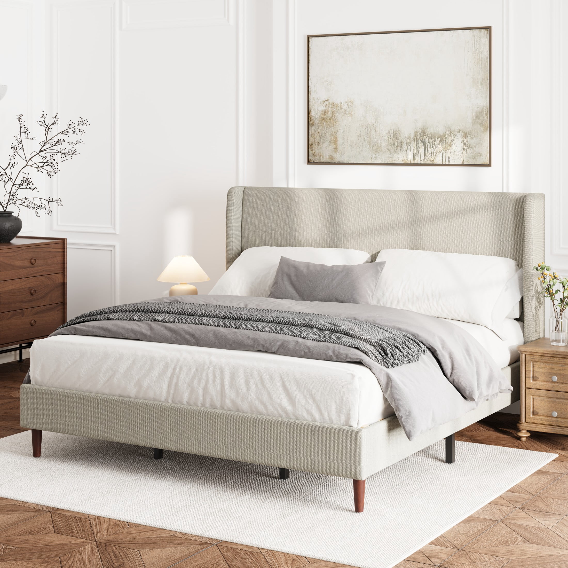 GDF Studio King Size Linen Upholstered Bed with High Headboard & Wood Slat Support, Beige
