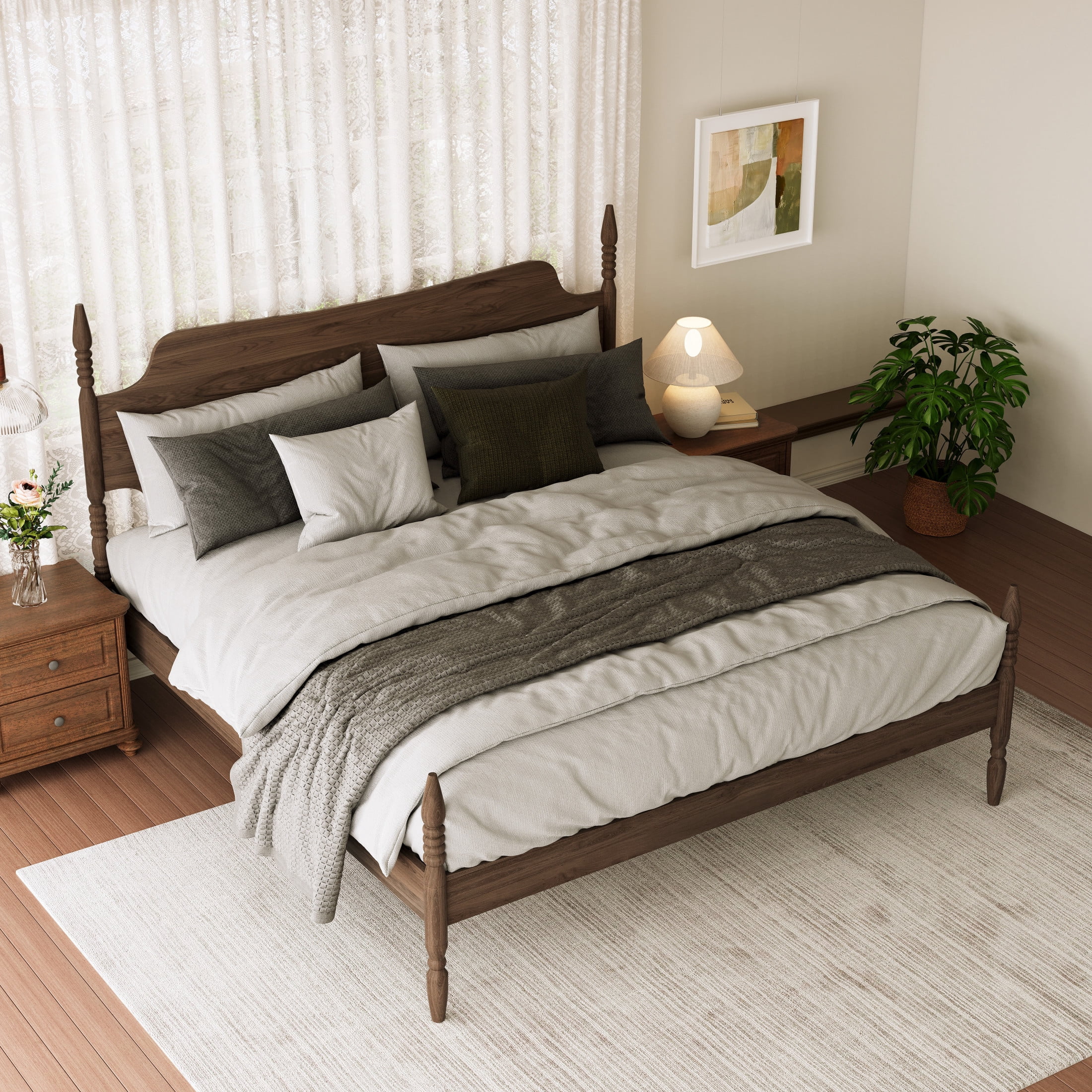 GDF Studio King Size Platform Bed with Tall Curved Headboard and Spindle Design, Walnut