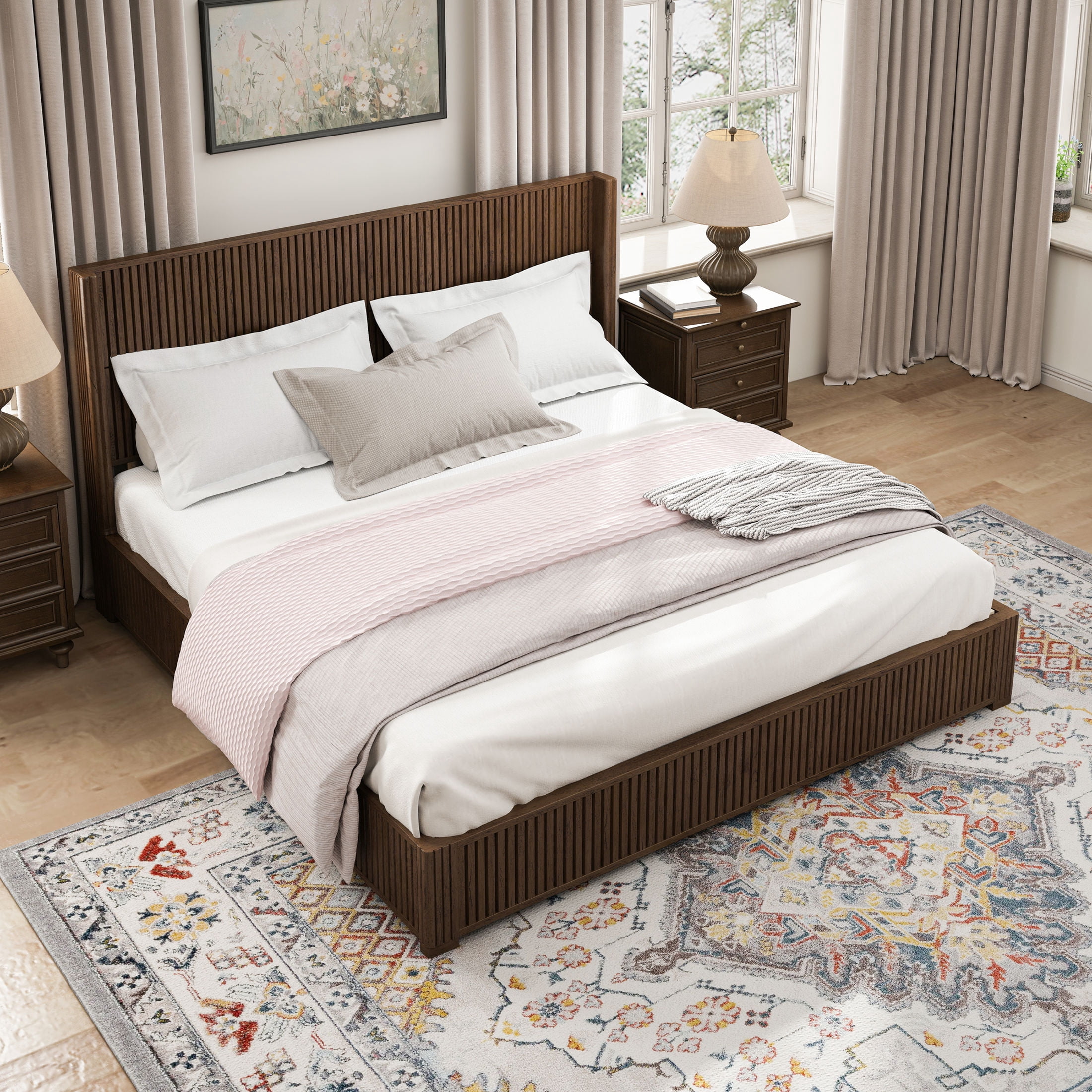 GDF Studio King Size Solid Wood Platform Bed with Wingback Headboard, No Box Spring Needed, Walnut