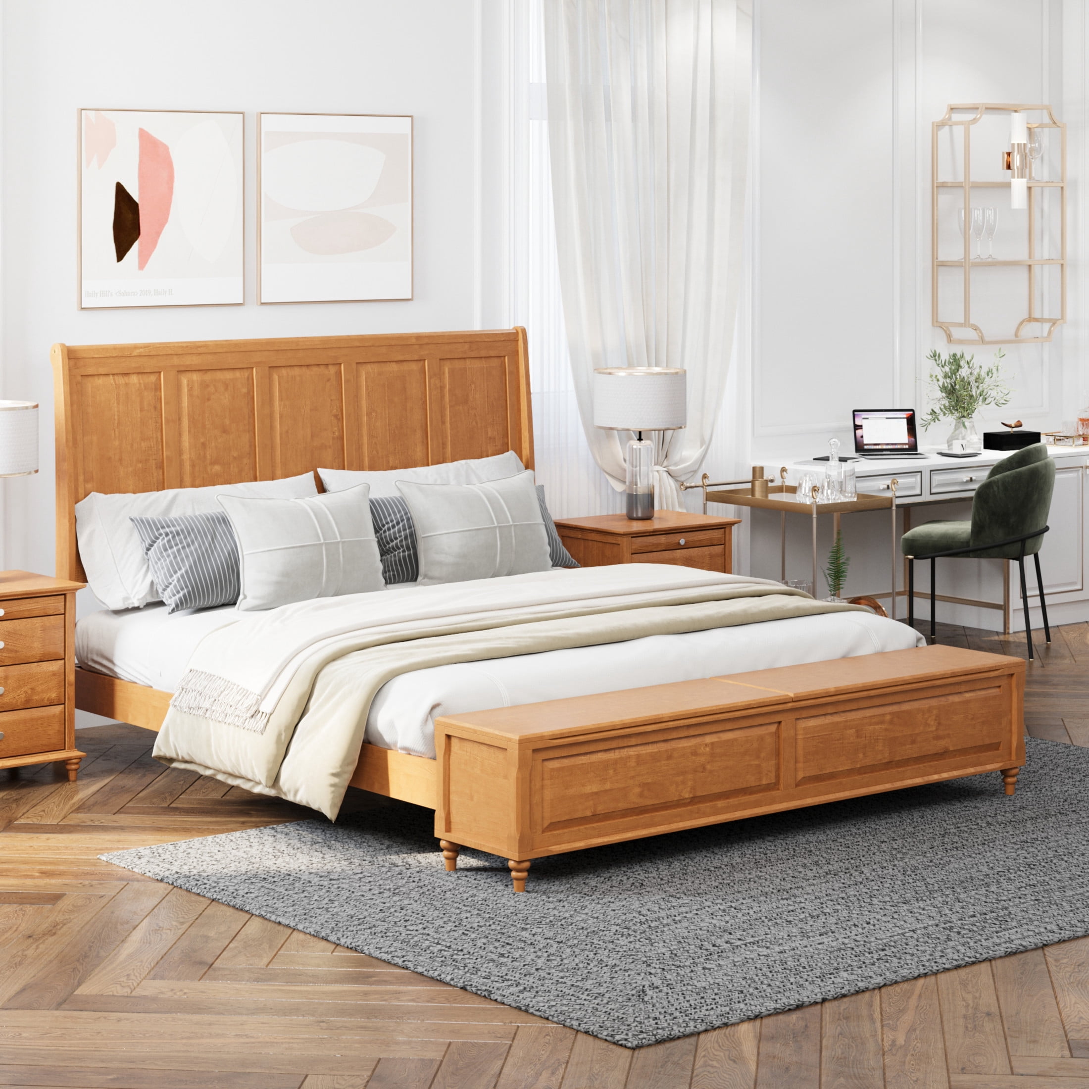 GDF Studio King Size Solid Wood Sleigh Bed with Tall Headboard and Storage Bench, Natural