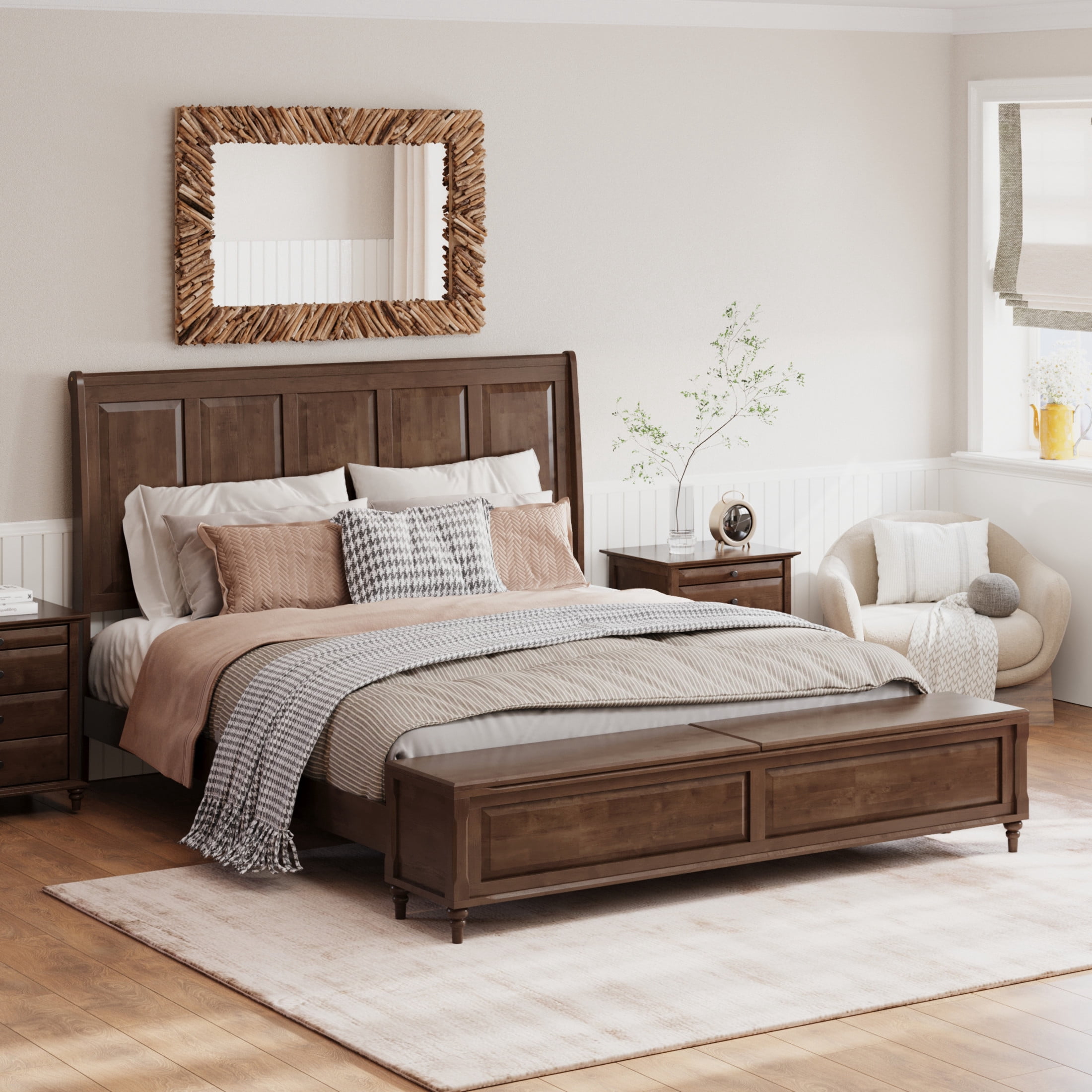 GDF Studio King Size Solid Wood Sleigh Bed with Tall Headboard and Storage Bench, Walnut
