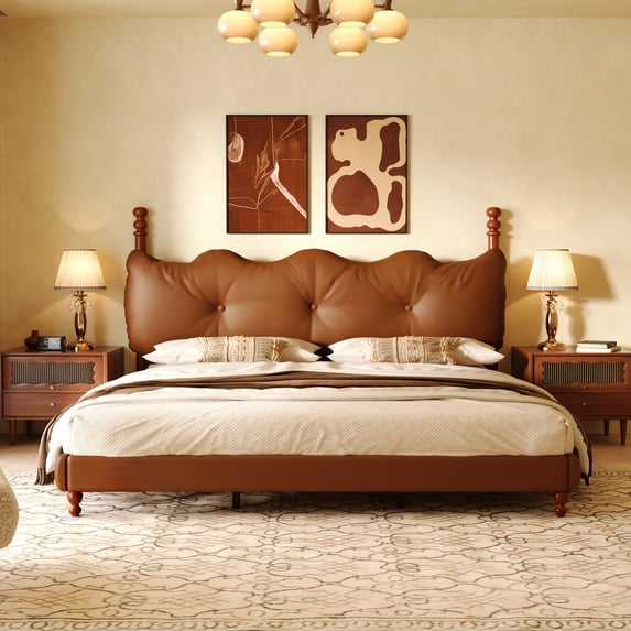 GDF Studio King Wooden Bed Frame with Faux Leather Upholstered Button Headboard