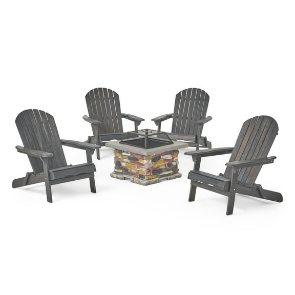 GDF Studio Kingston Outdoor Acacia Wood 5 Piece Adirondack Chair and Fire Pit Set, Dark Gray and Natural Stone