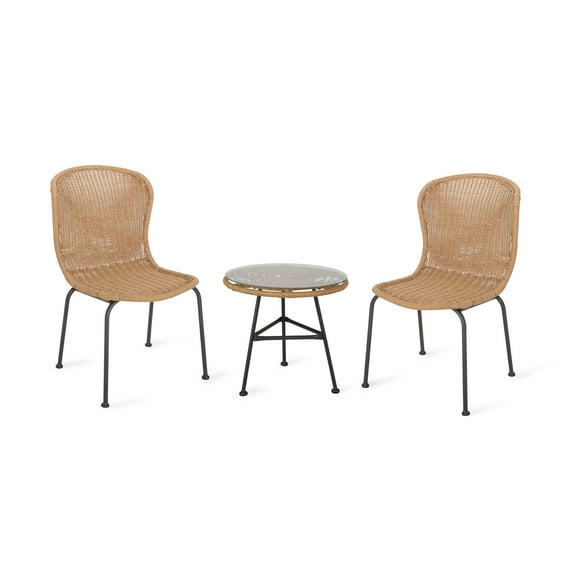 GDF Studio Kittama Outdoor Wicker and Glass 3 Piece Chat Set, Light Brown and Black
