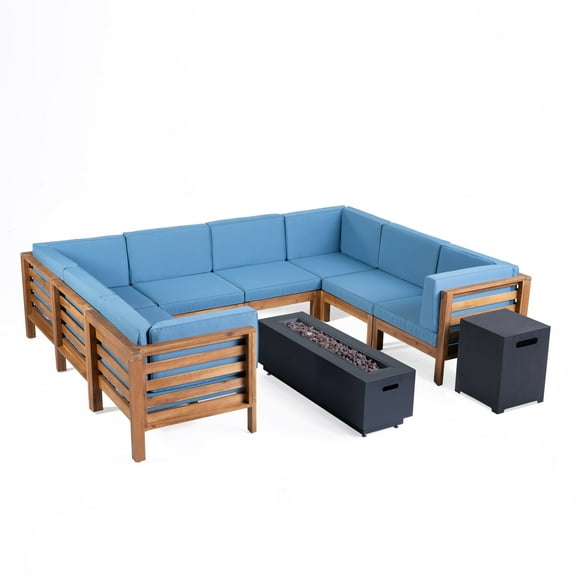 GDF Studio Krystin Outdoor U-Shaped Sectional Sofa Set with Fire Pit, Gray