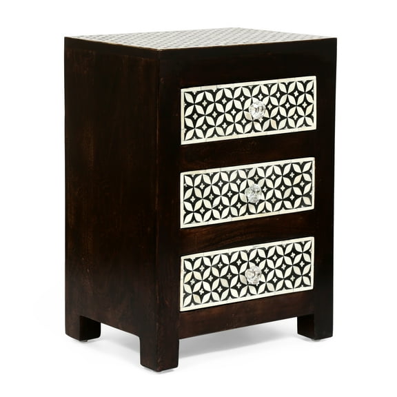 GDF Studio Kuna Boho Handmade Mango Wood 3 Drawer Nightstand, Dark Walnut, Black, and White