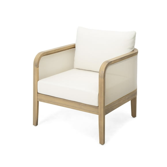 GDF Studio Larci Modern Outdoor Patio Club Chair, Single, Beige Water Repellent Fabric, Acacia Wood Frame