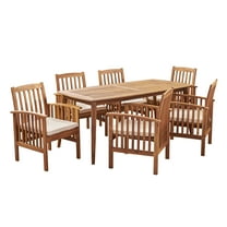 GDF Studio Laussat Outdoor Acacia Wood 7 Piece Dining Set with Cushion, Teak and Cream