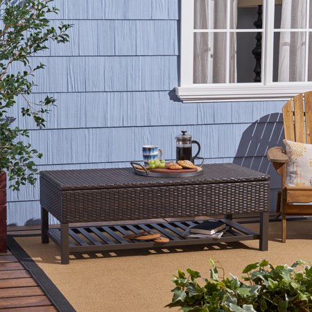 GDF Studio Laverock Outdoor Wicker Storage Bench with Rack, Multibrown and Brown