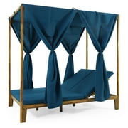 GDF Studio Leaverton Outdoor Acacia Wood 2 Seater Adjustable Daybed with Curtains, Teak and Blue