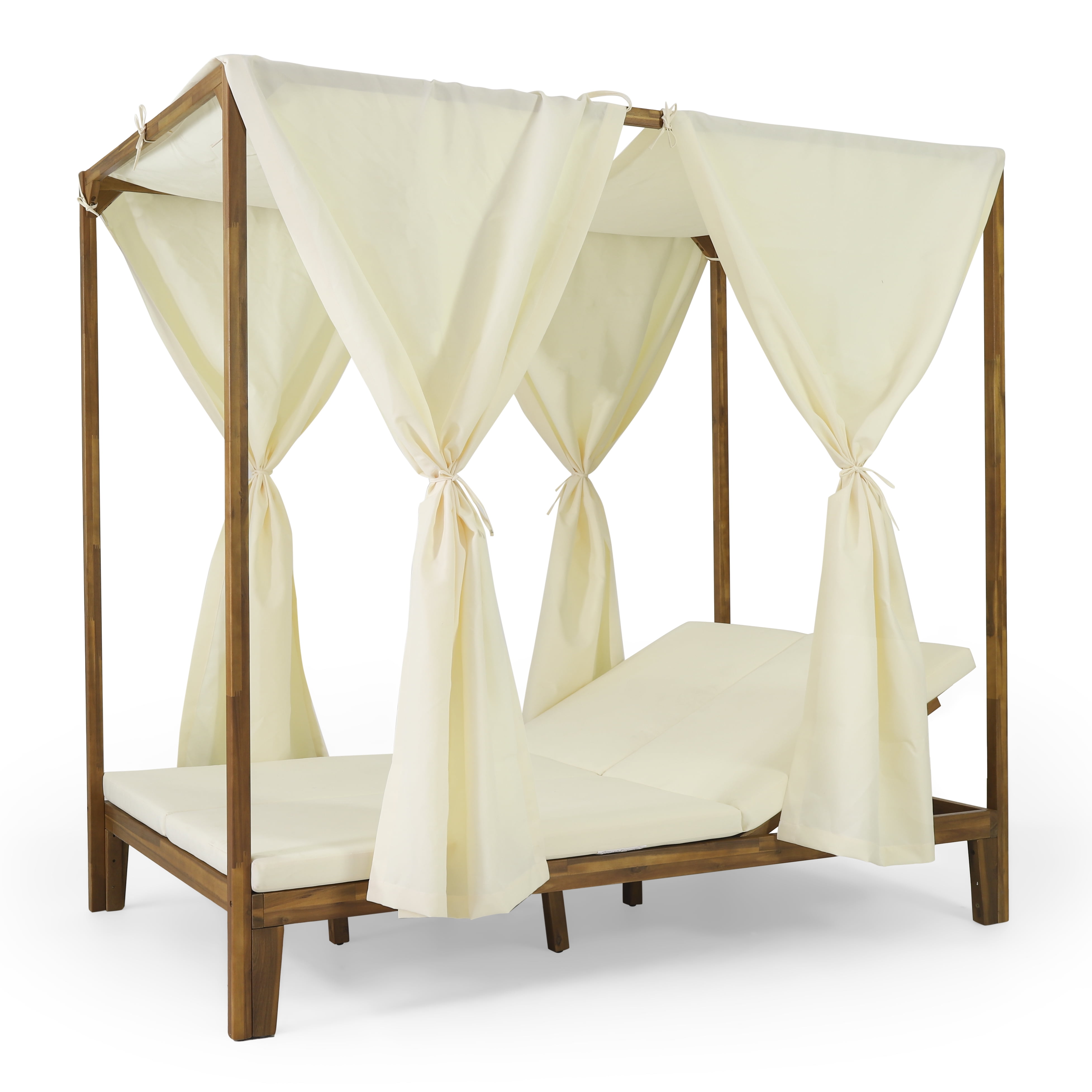 GDF Studio Leaverton Outdoor Acacia Wood 2 Seater Adjustable Daybed with Curtains, Teak and