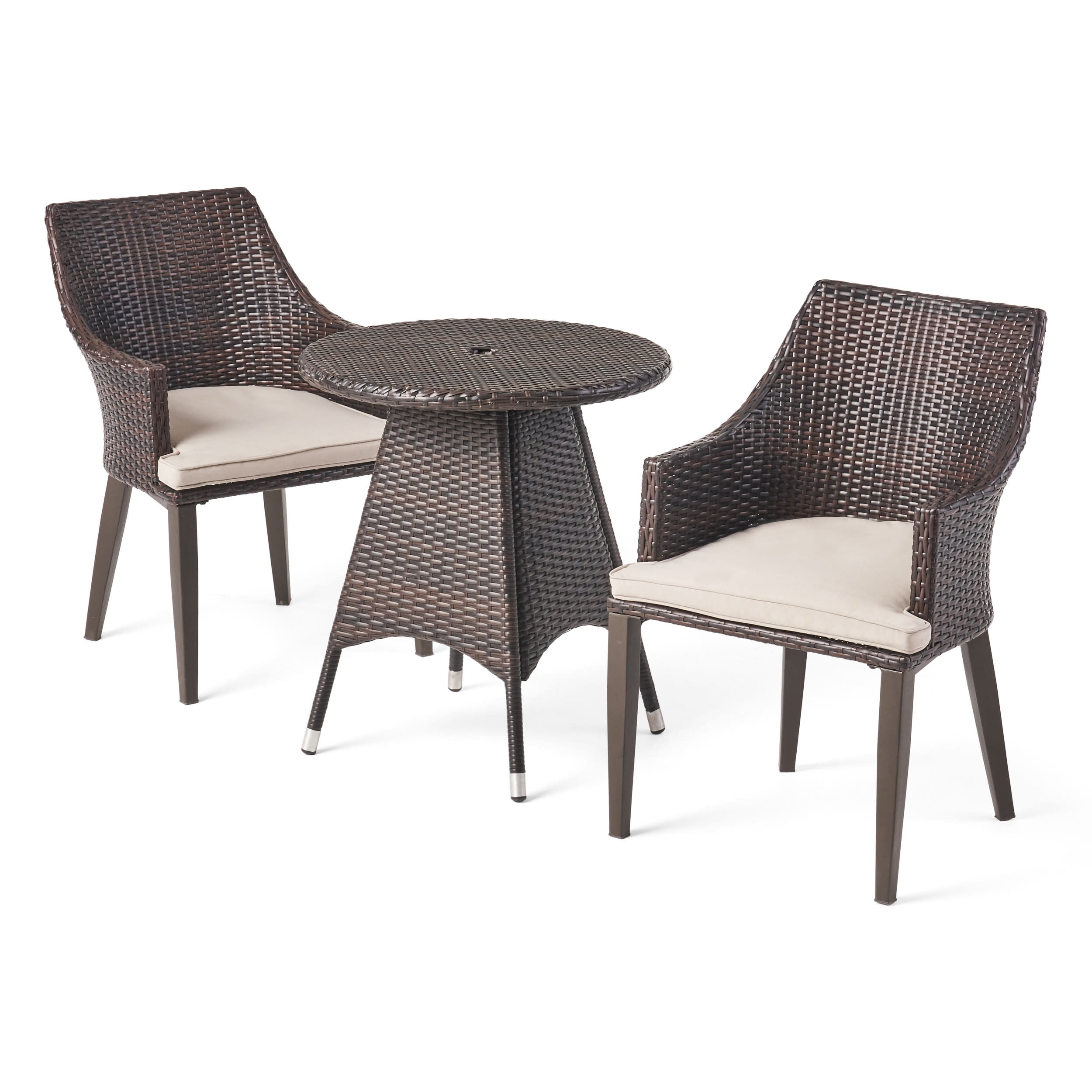 Multibrown and Light Brown Wicker Outdoor Bistro Set with Cushions