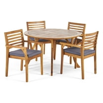 GDF Studio Leo Outdoor Acacia Wood 5 Piece Dining Set with Cushion, Teak and Dark Gray