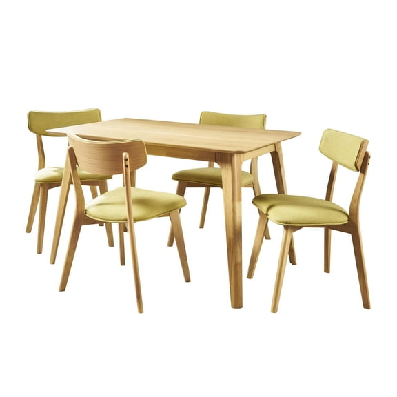 GDF Studio Leora Mid Century Modern Wood Fabric Upholstered 5 Piece Dining Set, Green Tea and Natural Oak