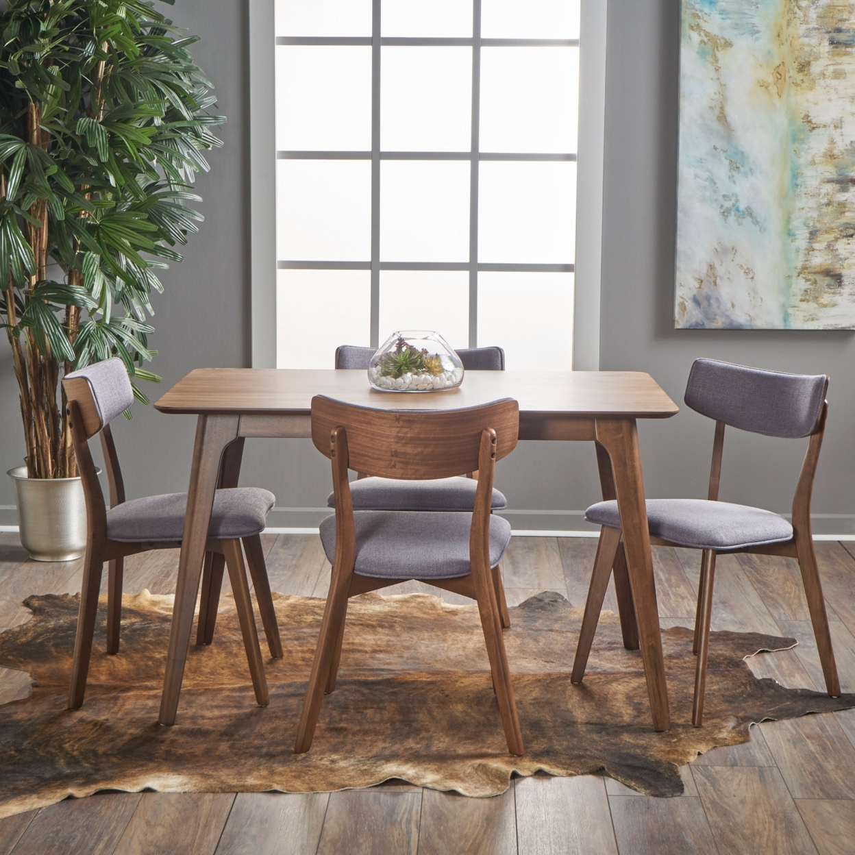 GDF Studio Leora Mid Century Modern Wood Fabric Upholstered 5 Piece Dining Set, Light Beige and Walnut - image 1 of 3