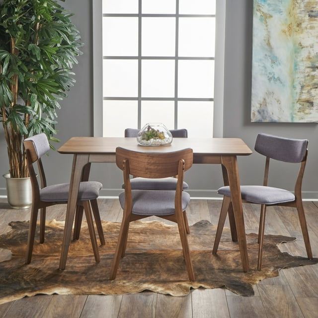 GDF Studio Leora Mid Century Modern Wood Fabric Upholstered 5 Piece Dining Set, Light Beige and Walnut