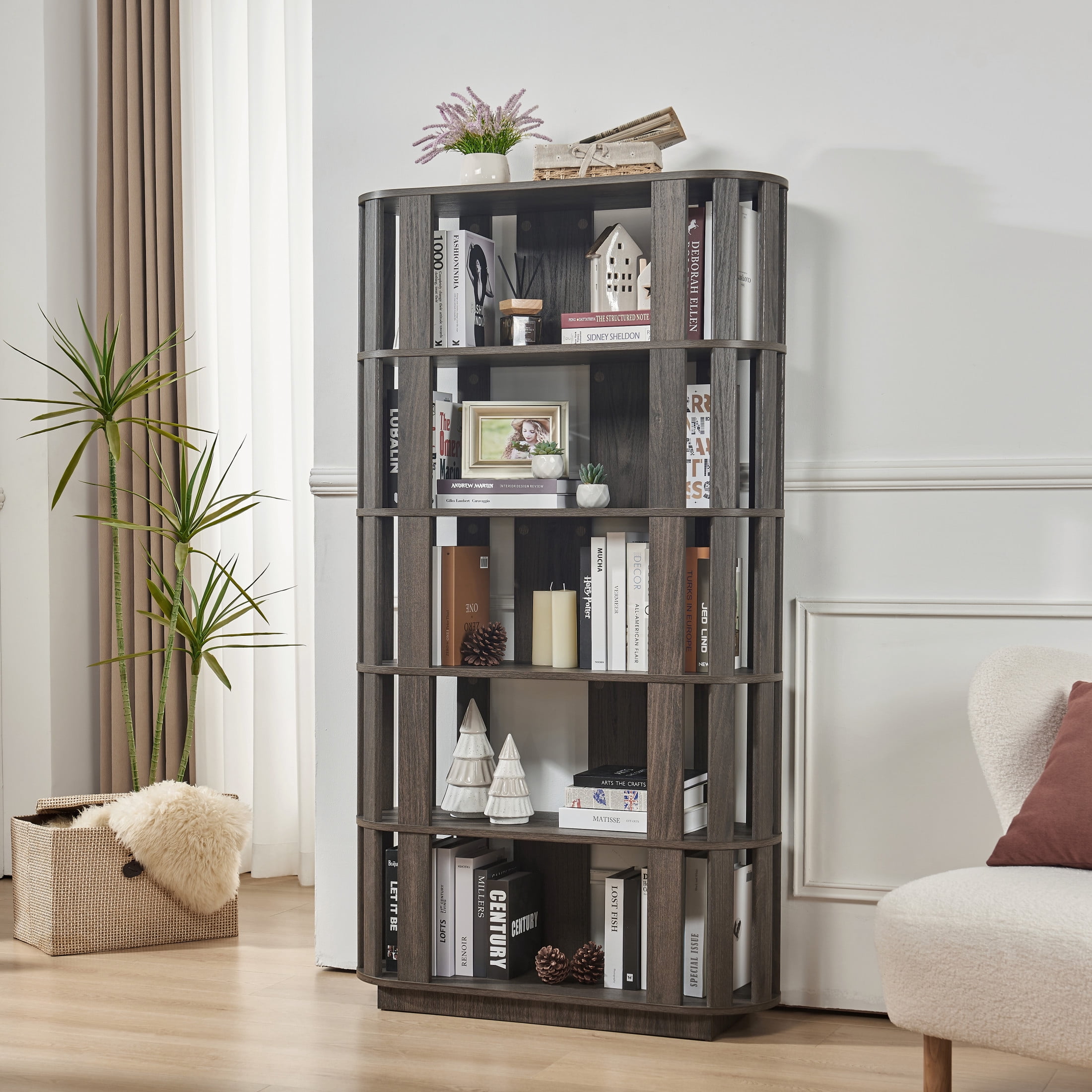 GDF Studio Lexair 5-Tier Wooden Oval Open Bookshelf with Curved Grid Frame, Storage Display Bookcase Rack, Dark Brown