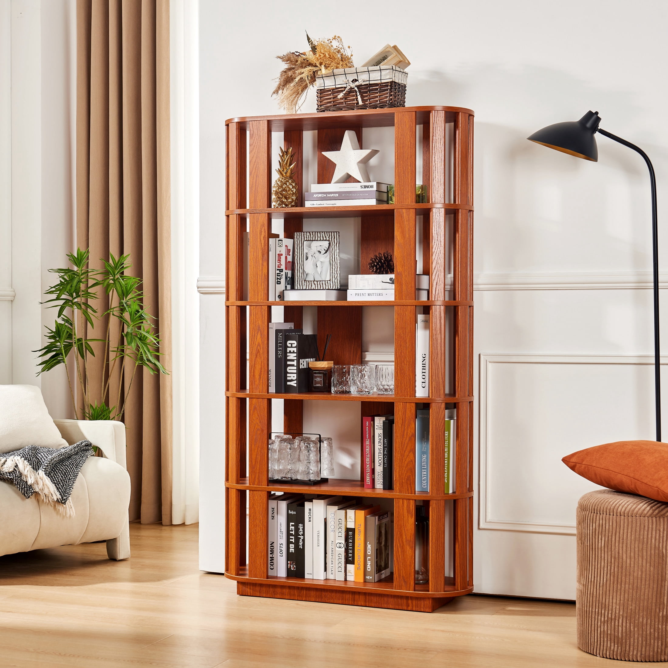 GDF Studio Lexair 5-Tier Wooden Oval Open Bookshelf with Curved Grid Frame, Storage Display Bookcase Rack, Dark Oak