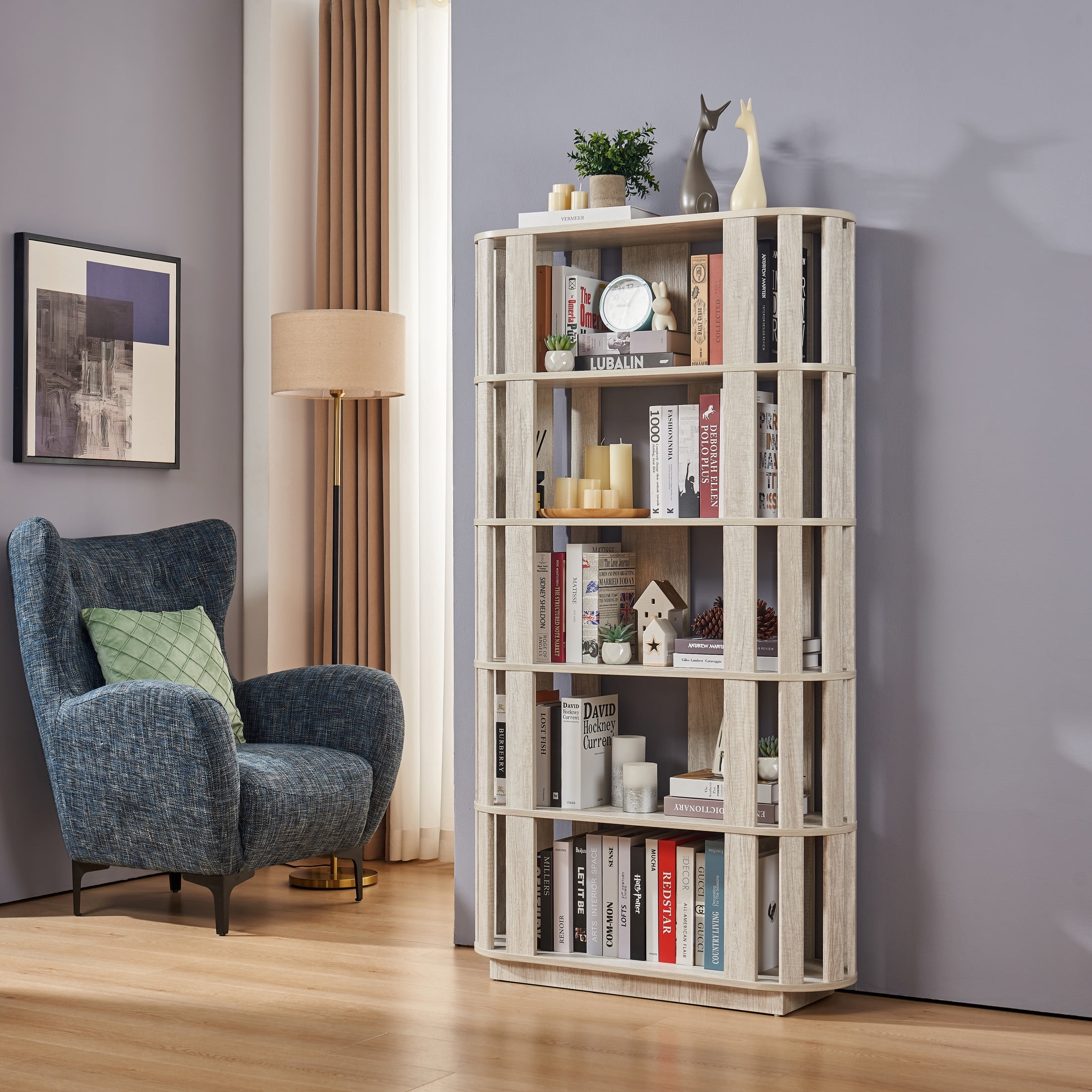 GDF Studio Lexair 5-Tier Wooden Oval Open Bookshelf with Curved Grid Frame, Storage Display Bookcase Rack, Light Gray