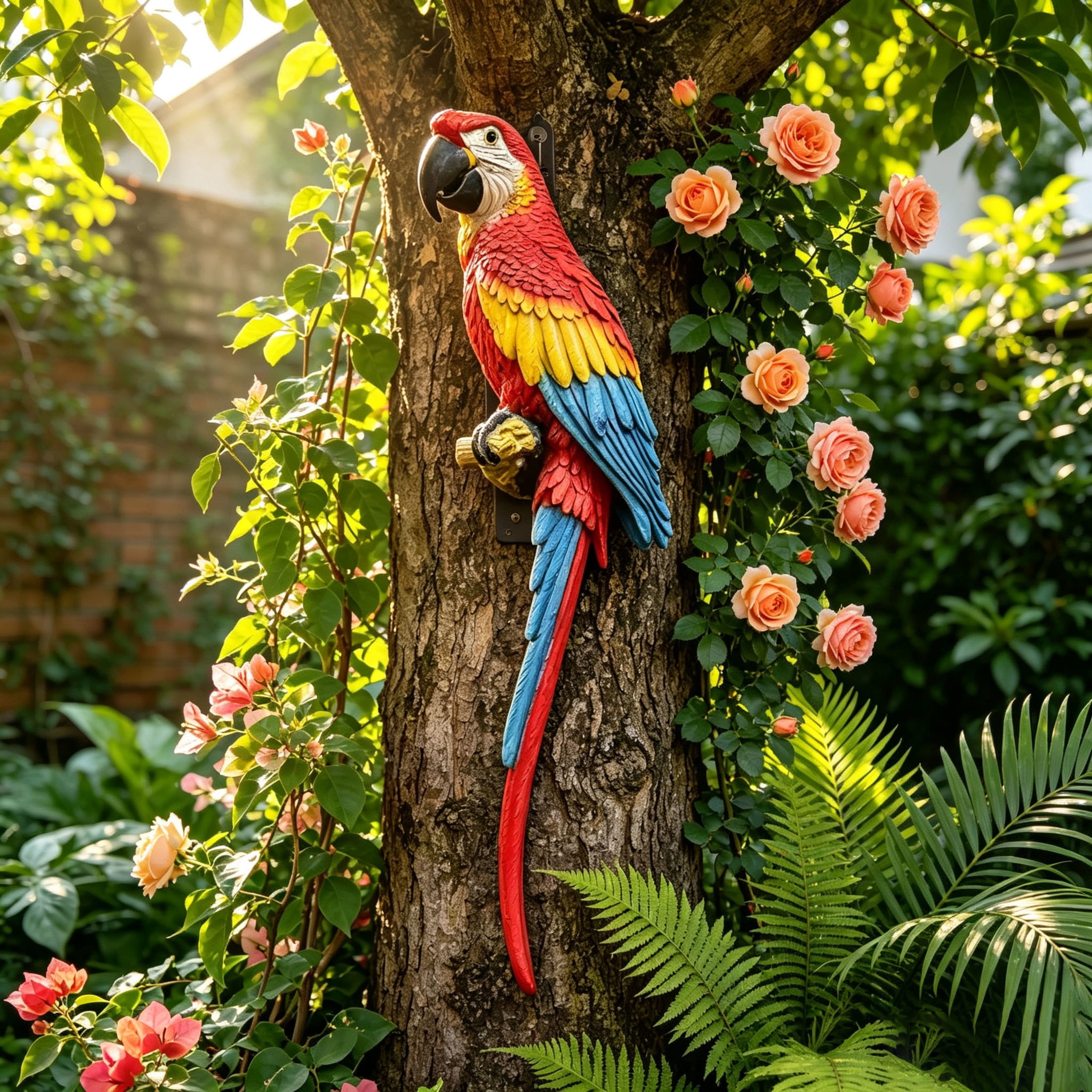 GDF Studio Lifelike Hand-Painted Scarlet Macaw Resin Parrot Statue, Weatherproof Tropical Outdoor Sculpture Figurine