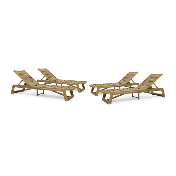 GDF Studio Lillian Outdoor Acacia Wood Armless Adjustable Chaise Lounges, Set of 4, Teak and Yellow