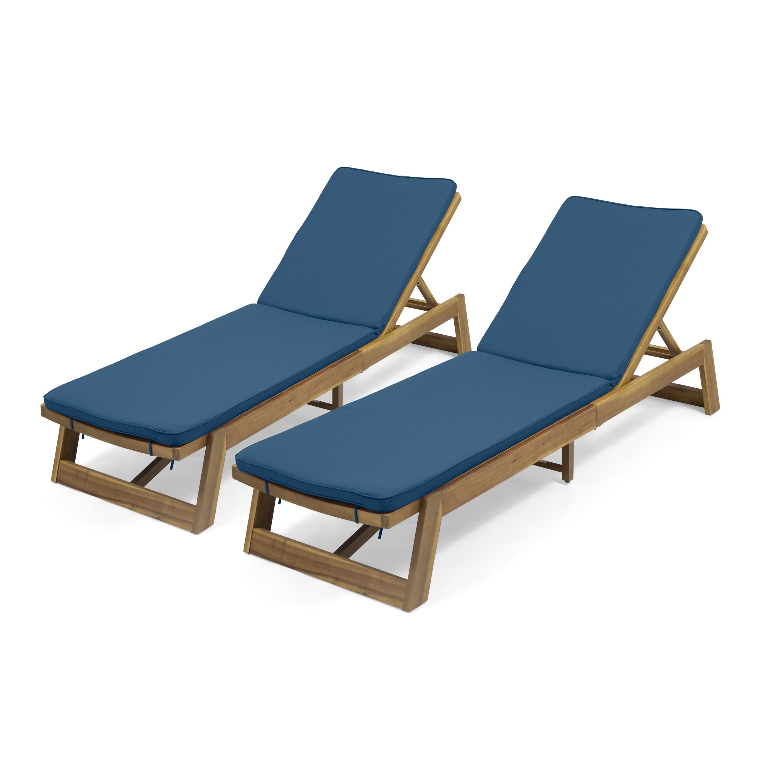 GDF Studio Lillian Outdoor Acacia Wood Armless Adjustable Chaise Lounges with Cushion, Set of 2