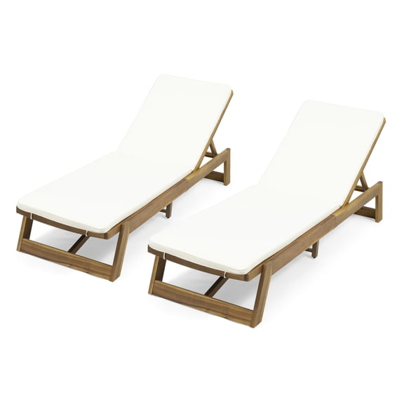 GDF Studio Lillian Outdoor Acacia Wood Armless Adjustable Chaise Lounges with Cushion, Set of 2, Teak and Cream